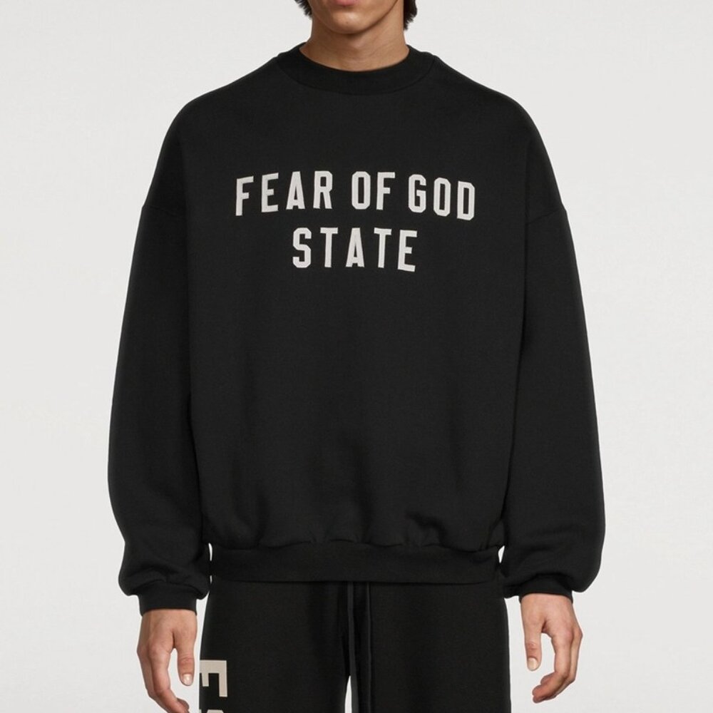 Fear of God Black Crewneck Sweater with White Text